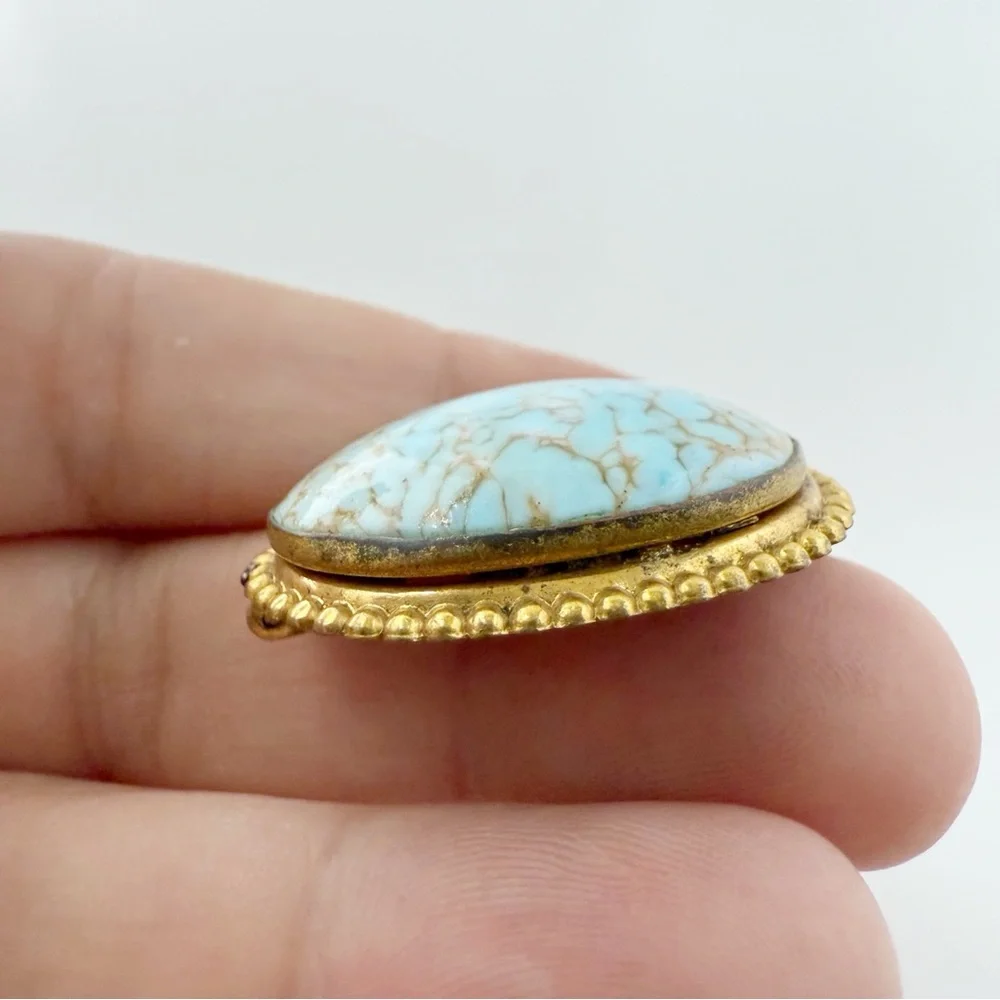 Vintage Turquoise Peking Glass Oval Brooch Goldtone Ball Bead Trim Framed